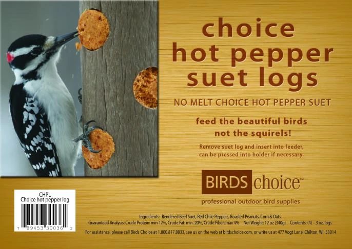 Birds Choice Hot Pepper Suet Log - No Melt 12 Pack Bird Feeder Accessories
